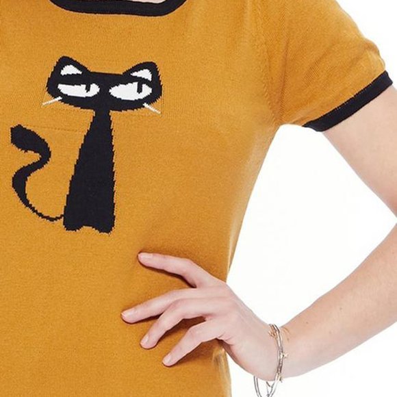 Women's Short Sleeve Crewneck Cat Print Casual T-Shirt Sweater - Picture 3 of 3